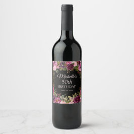 Burgundy Rosa Blommigt Glitter Black 50:e födelsed Vinflaska Etikett
