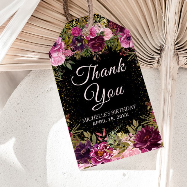 Burgundy Rosa Blommigt Glitter Black Birthday Presentetikett (Elegant burgundy and pink floral on black birthday party "thank you" gift tag. )