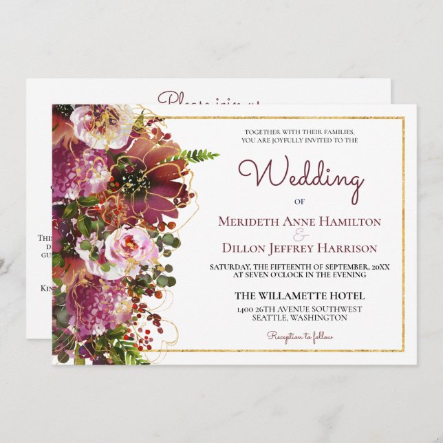 Burgundy  Rosa Blommigt Guld allt på ett Bröllop Inbjudningar (Fram/baksida)
