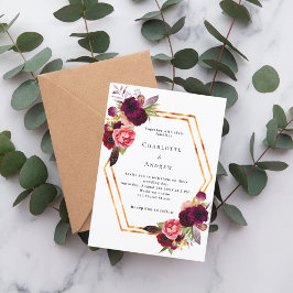 Burgundy rosa blommigt guld geometric boho bröllop inbjudningar