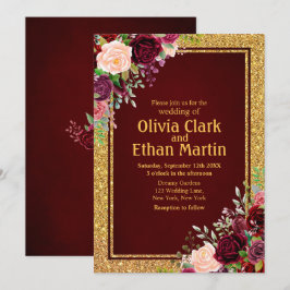Burgundy Rosa Blommigt Guld Ram Inbjudningar
