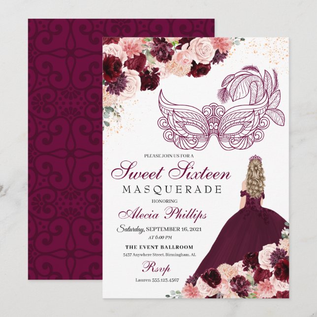 Burgundy  Rosa Blommigt Masquerad Sweet 16 Inv. Inbjudningar (Fram/baksida)