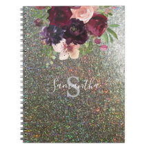 Burgundy & Rosa Blommigt Monogram - Silver Glitter