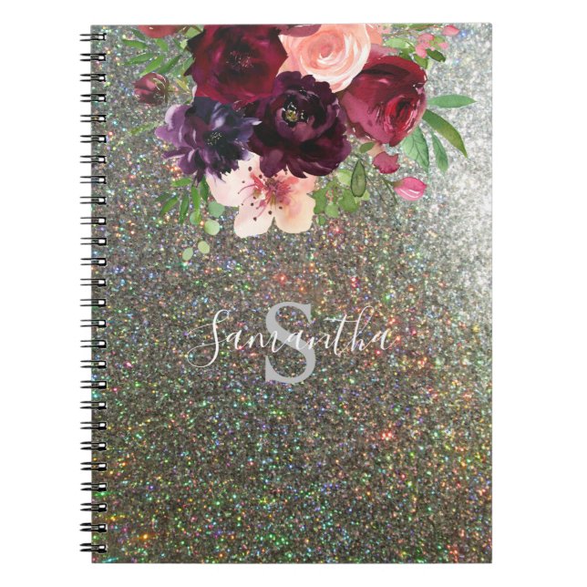 Burgundy & Rosa Blommigt Monogram - Silver Glitter Anteckningsbok (Framsidan)