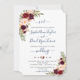 Burgundy Rosa Blommigt Navy Blue Calligraphy Bröll Inbjudningar