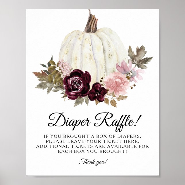 Burgundy Rosa Blommigt Pumpkin Diaper Raffle Sign Poster (Framsidan)