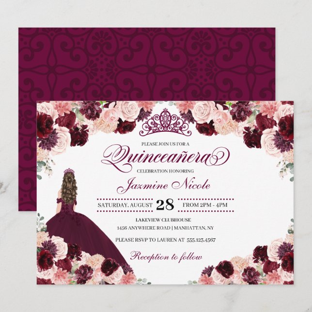 Burgundy  Rosa Blommigt Quinceanera Birthday in Inbjudningar (Fram/baksida)