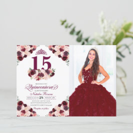Burgundy Rosa Blommigt Quinceanera Birthday Photo Inbjudningar