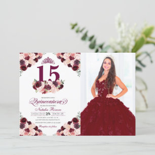 Burgundy Rosa Blommigt Quinceanera Birthday Photo Inbjudningar