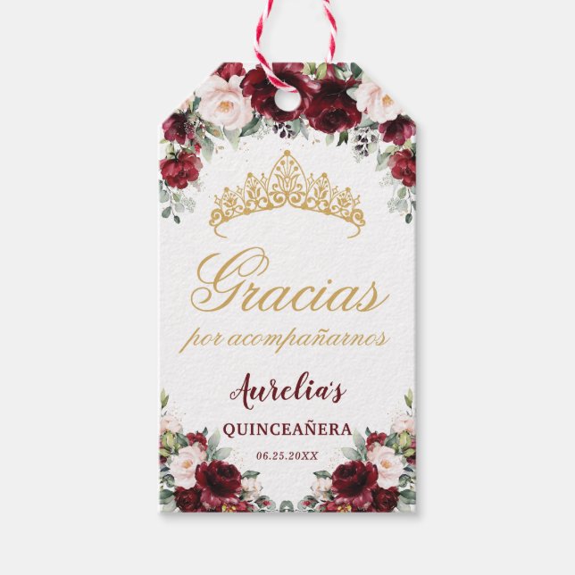 Burgundy Rosa Blommigt Quinceanera Favor Tack Presentetikett (Framsidan)