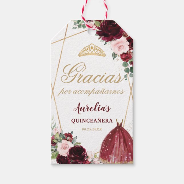 Burgundy Rosa Blommigt Quinceanera Favor Tack Presentetikett (Framsidan)