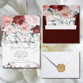 Burgundy Rosa Blommigt Quinceañera Inbjudningar