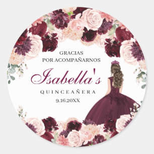 Burgundy  Rosa Blommigt Quinceanera Runt Klistermärke