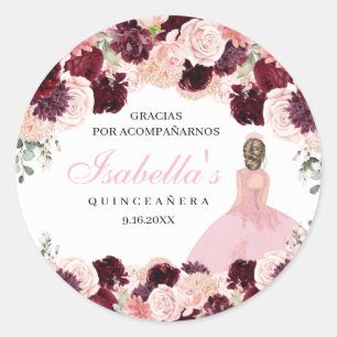 Burgundy Rosa Blommigt Quinceanera Runt Klistermärke