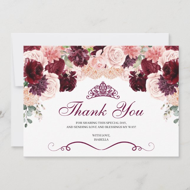 Burgundy  Rosa Blommigt Quinceanera Tack Kort (Framsida)