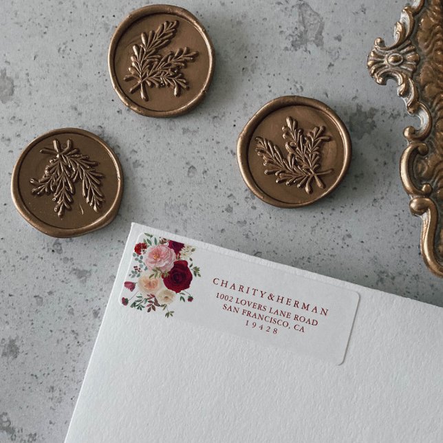 Burgundy Rosa  Blommigt Returadressetikett Returadress Etikett (Skapare uppladdad)