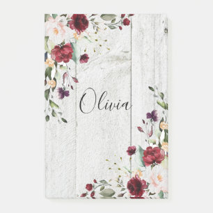 Burgundy Rosa Blommigt Rustic Post-it Block