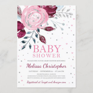 Burgundy rosa blommigt silver glitter baby inbjudningar