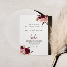 Burgundy Rosa  Blommigt Spanien Bröllop Inbjudningar