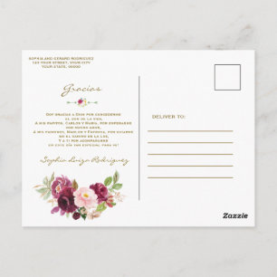 Burgundy Rosa Blommigt Spansk baptism Gracias Vykort