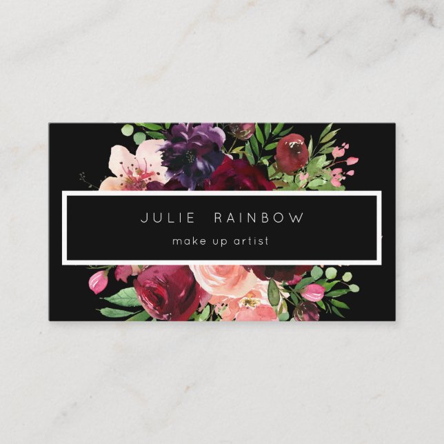 Burgundy &  Rosa Blommigt - svart 2 Visitkort (Framsida)