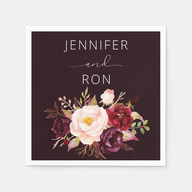Burgundy &  Rosa Blommigt - svart Pappersservett (Framsidan)