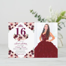 Burgundy  Rosa Blommigt Sweet 16 Birthday Photo Inbjudningar