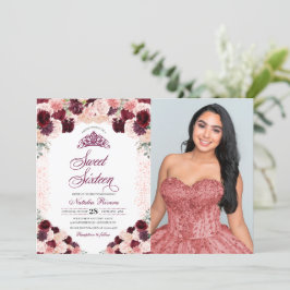 Burgundy  Rosa Blommigt Sweet sixteen  födelsedag Inbjudningar