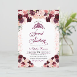 Burgundy  Rosa Blommigt Sweet sixteen  födelsedag Inbjudningar