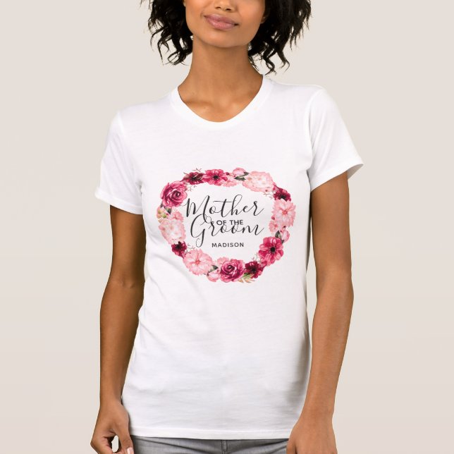 Burgundy & Rosa Blommigt Utandning Mor i Groom T Shirt (Framsida)