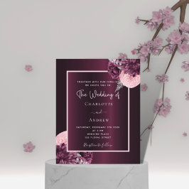 Burgundy rosa blommor budgetinbjudan till bröllop