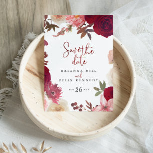 Burgundy Rosa Blush Blommig Spara Datum Vykort