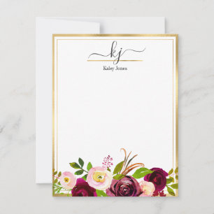 Burgundy Rosa Botanisk Blommigt Monogram Anteckningskort