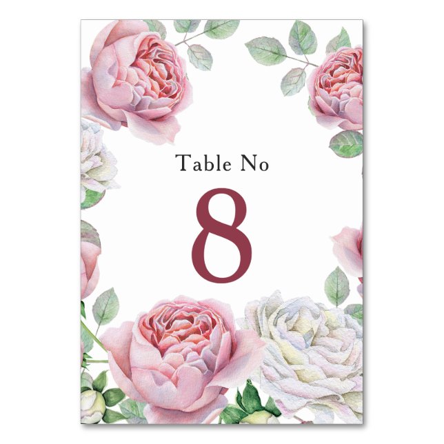 Burgundy Rosa Chic Ro Blommigt Bröllop Bord Bordsnummer (Framsidan)