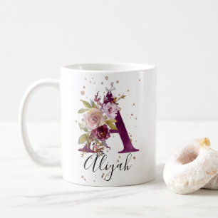Burgundy Rosa Cream Blommigt Brev A Monogram Kaffemugg