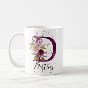 Burgundy Rosa Cream Blommigt Brev D Monogram Kaffemugg