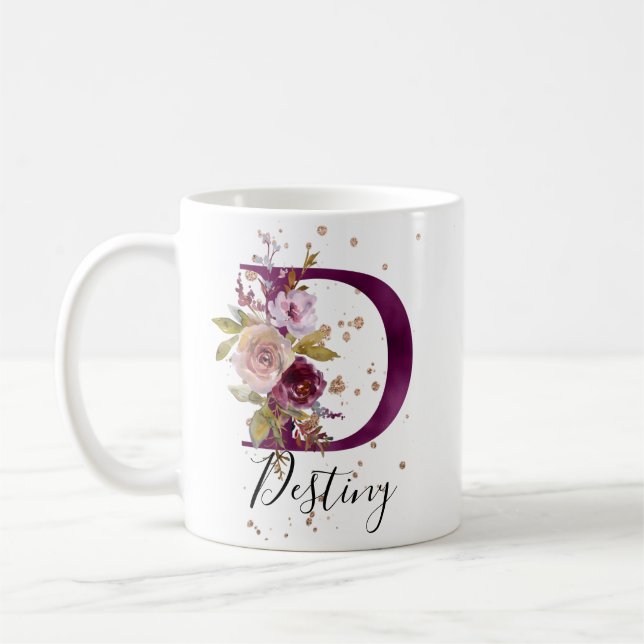 Burgundy Rosa Cream Blommigt Brev D Monogram Kaffemugg (Vänster)