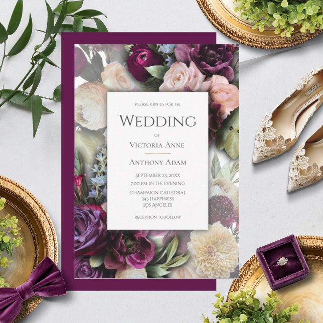 Burgundy Rosa Elegant Blommigt Bröllop Inbjudningar (Skapare uppladdad)