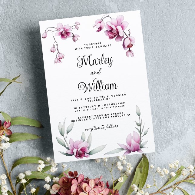 Burgundy rosa elegant orchid blommigt Bröllop Inbjudningar (Burgundy pink elegant orchid floral Wedding)