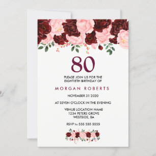 Burgundy & Rosa Flowers 80:e födelsedagen Inbjudan