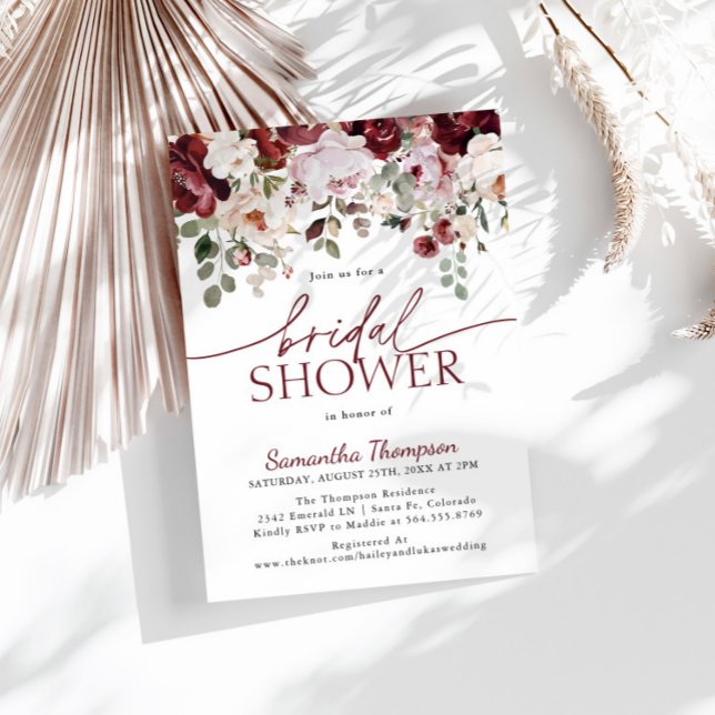 Burgundy  Rosa Flowers, Blommigt Möhippa Inbjudningar (Skapare uppladdad)