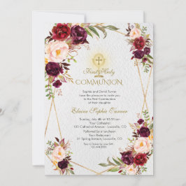 Burgundy Rosa Flowers Guld First Heliga Communion Inbjudningar
