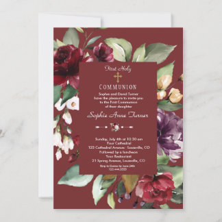 Burgundy Rosa Flowers Guld First Heliga Communion Inbjudningar