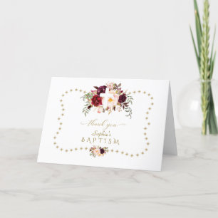 Burgundy Rosa Flowers Guld Glitter Gnistra Baptism Tack Kort