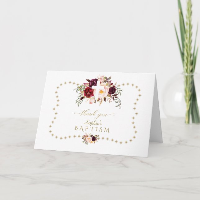 Burgundy Rosa Flowers Guld Glitter Gnistra Baptism Tack Kort (Framsida)