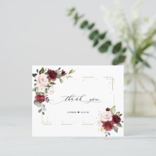 Burgundy Rosa Flowers Guld Glitter Ram Bröllop Tack Kort