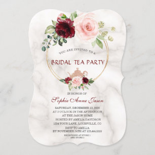 Burgundy Rosa Flowers Marble Möhippa Tea Party Inbjudningar