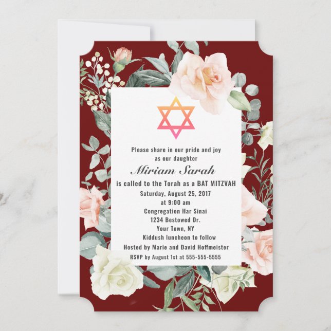 Burgundy Rosa Flowers Star av David Bat mitzvah Inbjudningar (Framsida)