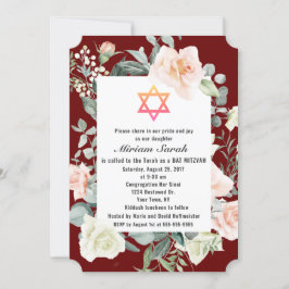 Burgundy Rosa Flowers Star av David Bat mitzvah Inbjudningar