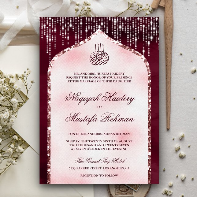 Burgundy  Rosa Glitter Arch Muslim Bröllop Inbjudningar (Skapare uppladdad)